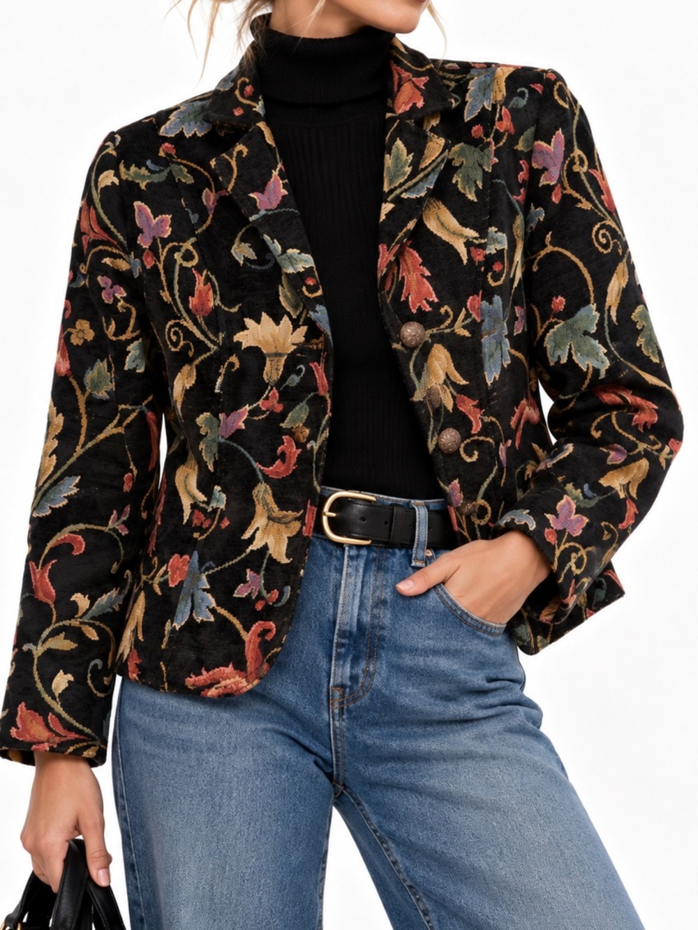 Erin London Petite Black Floral Tapestry Brocade Blazer PS